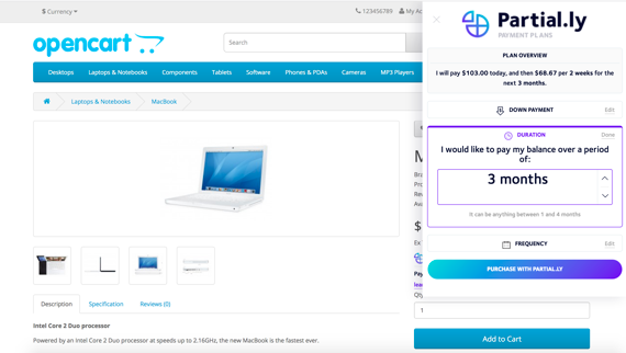 partial.ly payment plan widget in OpenCart store